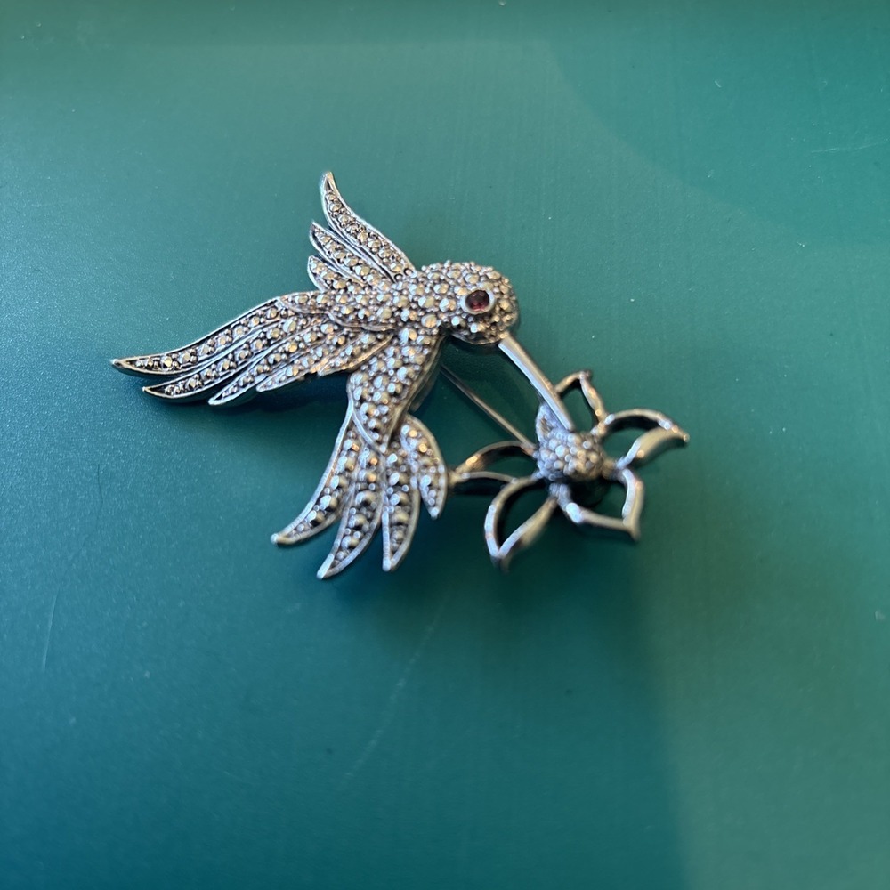 Silver Marcasite Hummingbird Brooch Pin Purple Crystal Bird Flower Vintage Avon